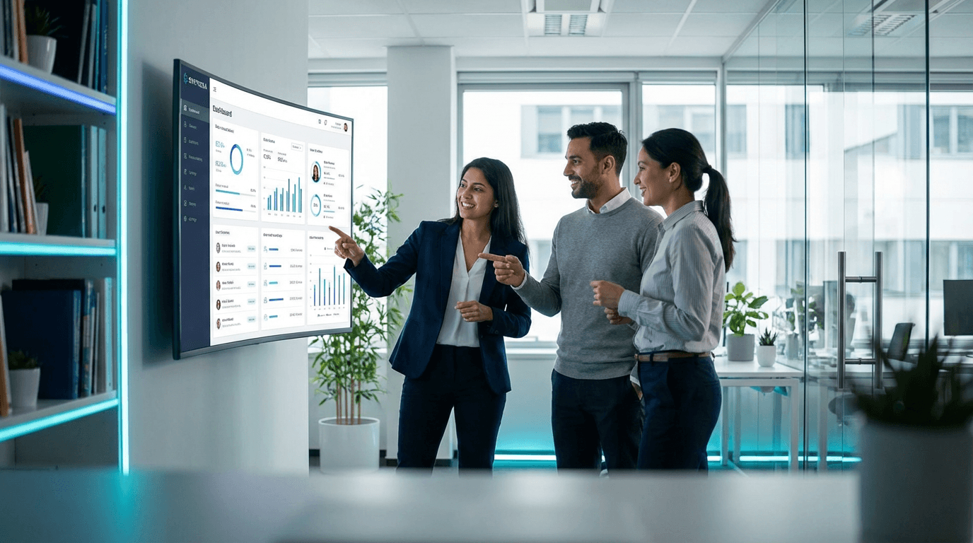 Team reviewing the Syntheka dashboard on a large screen during a clinical trial negotiation session