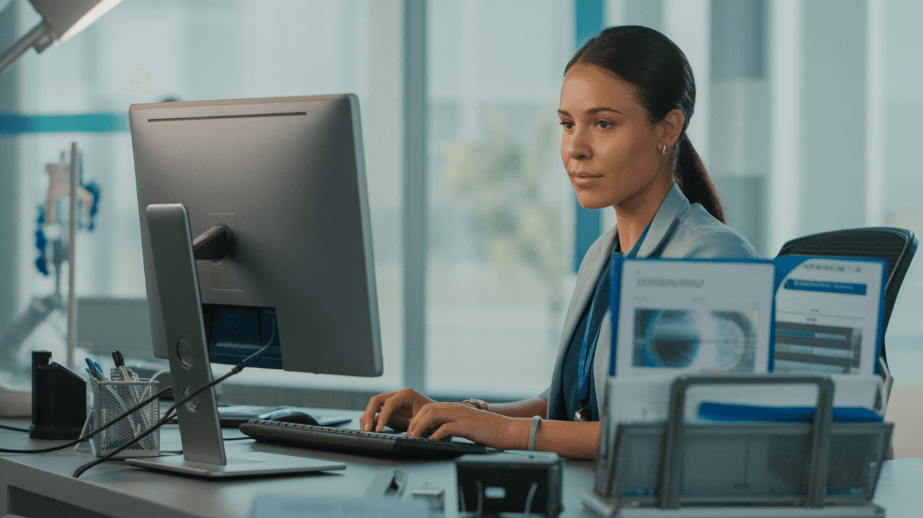 Woman working at a clinical research desk reviewing trial documents
