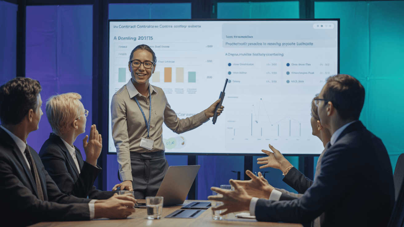 Boardroom presentation displaying compliance data charts and audit trail for clinical trial negotiations